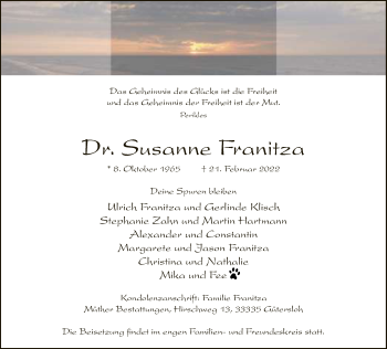 Traueranzeige von Susanne Franitza von Neue Westfälische