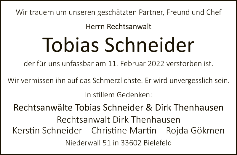  Traueranzeige für Tobias Schneider vom 26.02.2022 aus Neue Westfälische