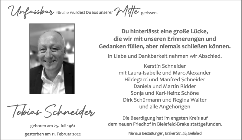  Traueranzeige für Tobias Schneider vom 26.02.2022 aus Neue Westfälische