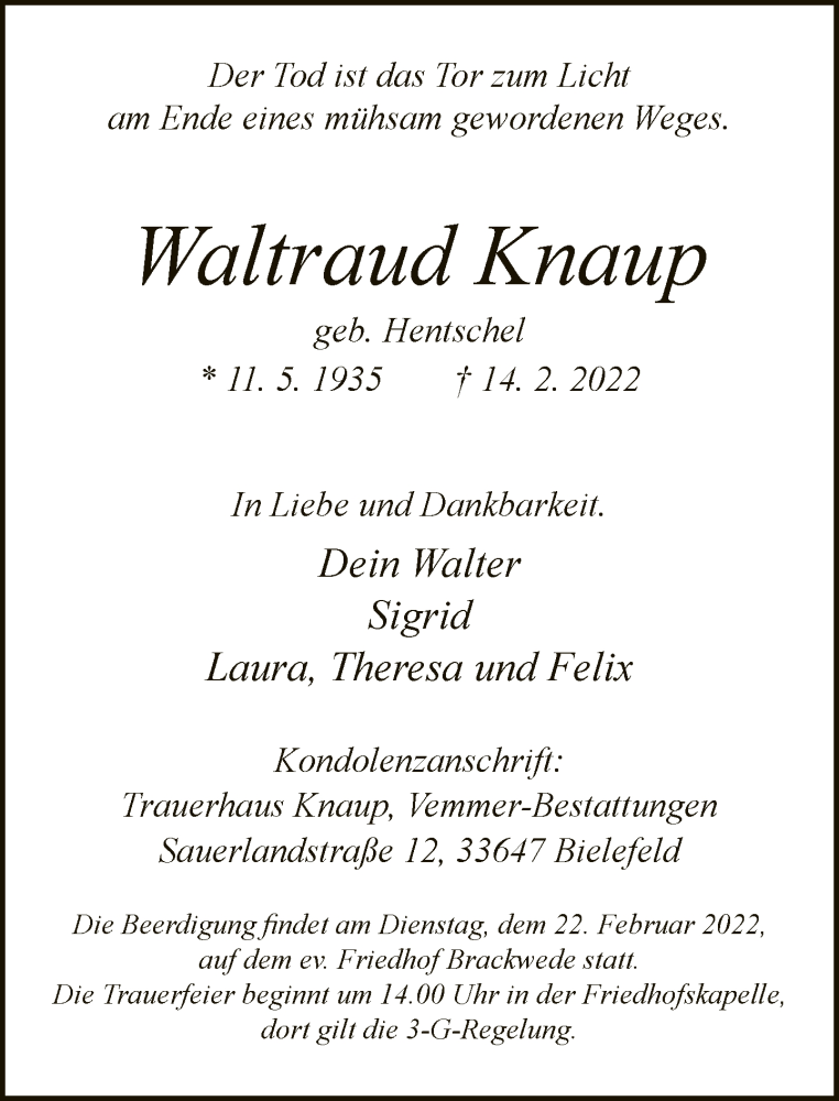  Traueranzeige für Waltraud Knaup vom 19.02.2022 aus Neue Westfälische