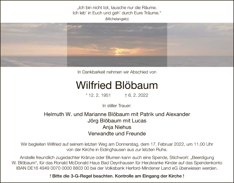  Traueranzeige für Wilfried Blöbaum vom 12.02.2022 aus Neue Westfälische