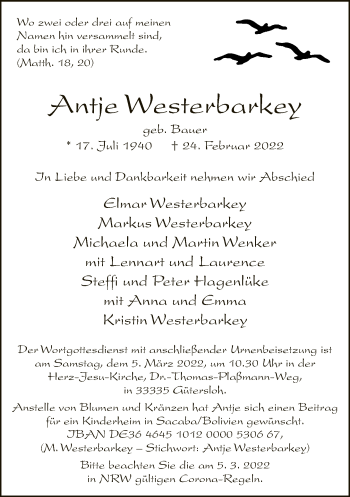Traueranzeige von Antje Westerbarkey von Neue Westfälische