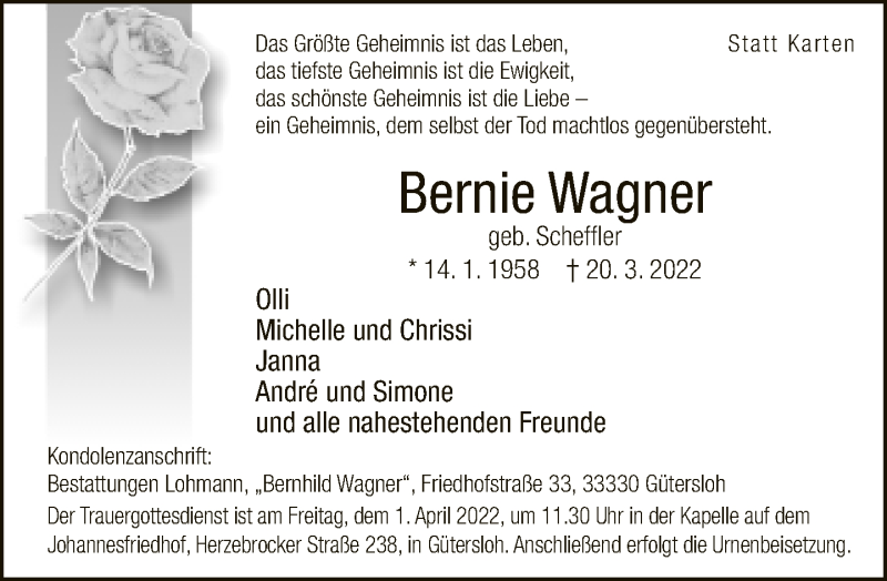  Traueranzeige für Bernie Wagner vom 29.03.2022 aus Neue Westfälische