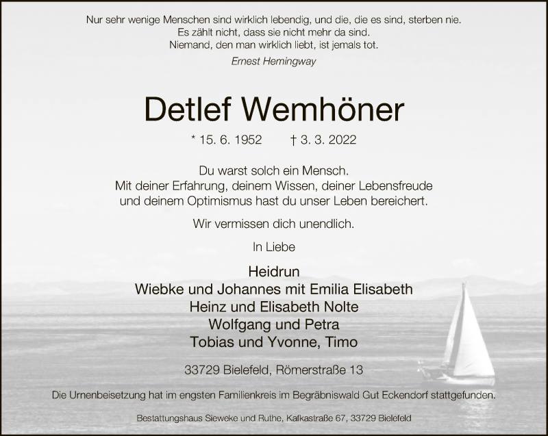  Traueranzeige für Detlef Wemhöner vom 16.03.2022 aus Neue Westfälische