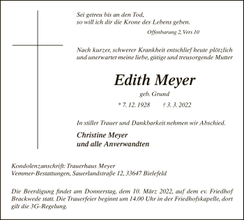 Traueranzeige von Edith Meyer von Neue Westfälische