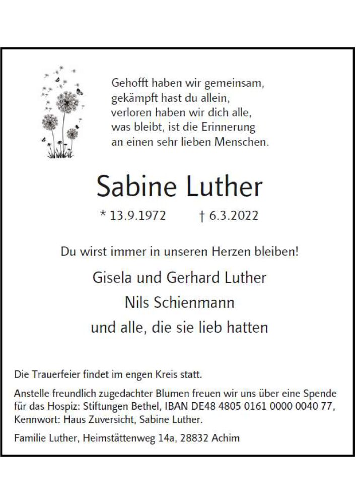  Traueranzeige für Sabine Luther vom 12.03.2022 aus Neue Westfälische