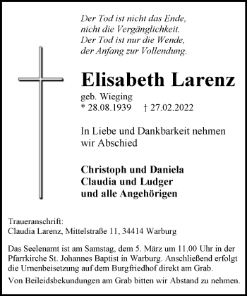 Traueranzeige von Elisabeth Larenz von Neue Westfälische