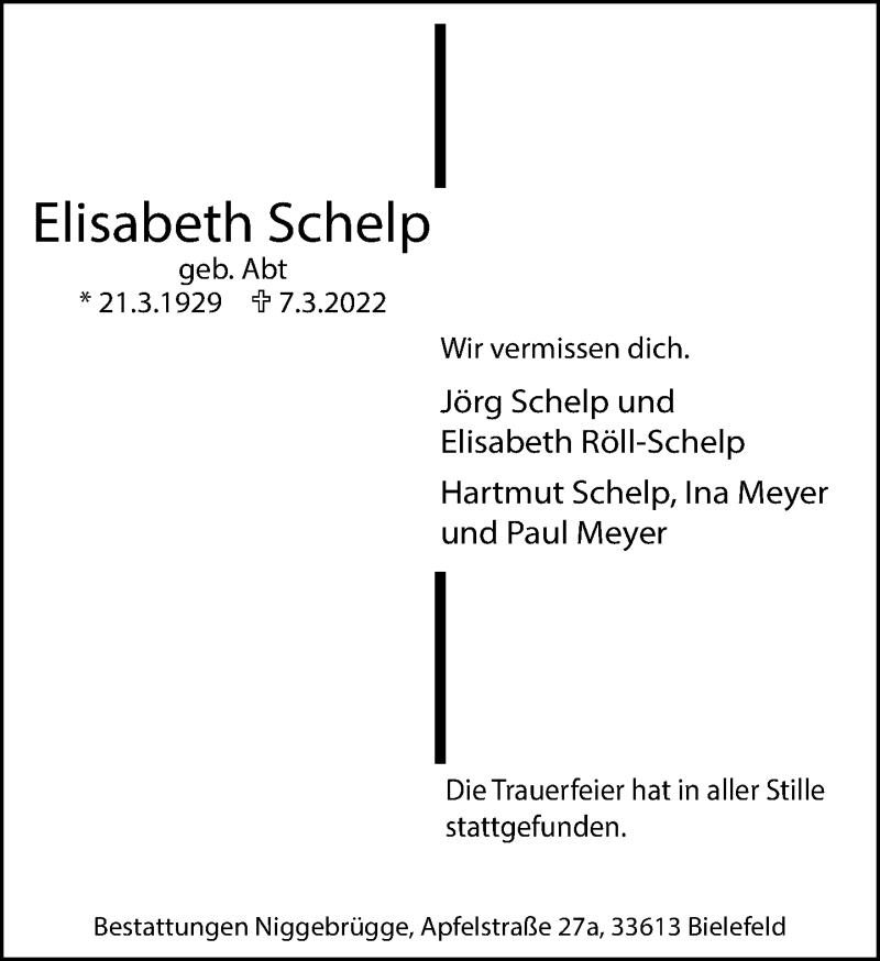  Traueranzeige für Elisabeth Schelp vom 26.03.2022 aus Neue Westfälische