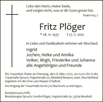 Traueranzeige von Fritz Plöger