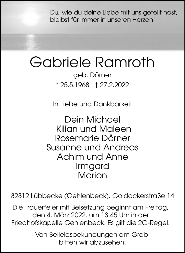  Traueranzeige für Gabriele Ramroth vom 02.03.2022 aus Neue Westfälische