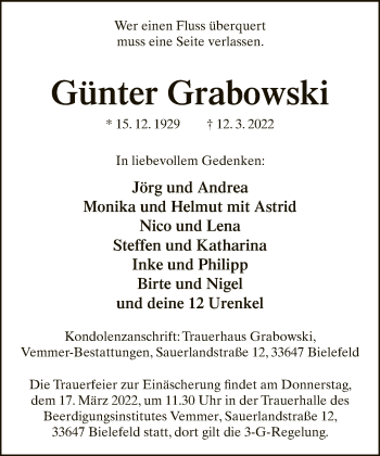 Traueranzeige von Günter Grabowski von Neue Westfälische