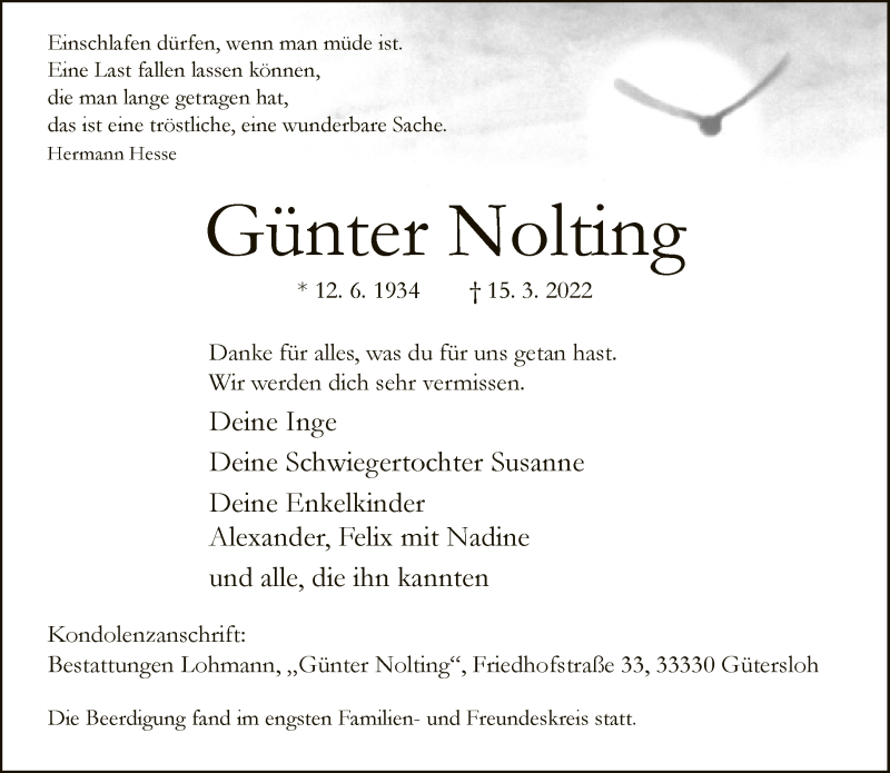  Traueranzeige für Günter Nolting vom 22.03.2022 aus Neue Westfälische