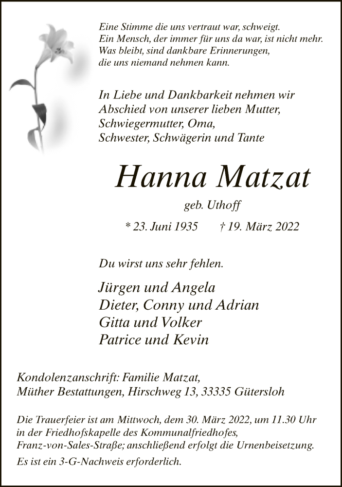  Traueranzeige für Hanna Matzat vom 25.03.2022 aus Neue Westfälische