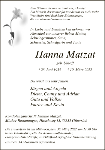 Traueranzeige von Hanna Matzat von Neue Westfälische