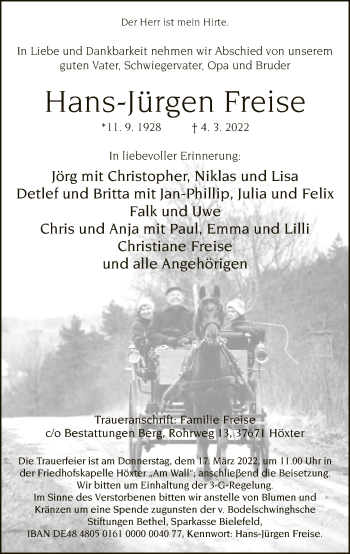 Traueranzeige von Hans-Jürgen Freise von Neue Westfälische