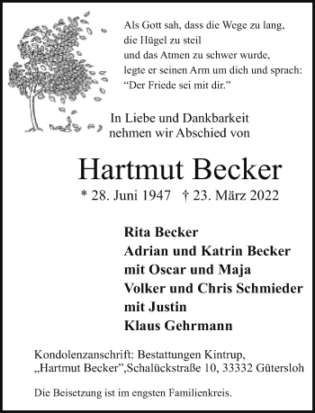 Traueranzeige von Hartmut Becker von Neue Westfälische