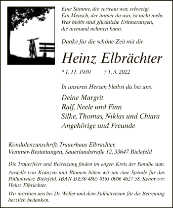 Traueranzeige von Heinz Elbrächter von Neue Westfälische