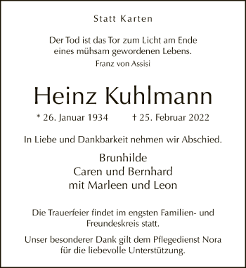 Traueranzeige von Heinz Kuhlmann von Neue Westfälische