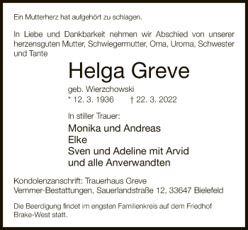 Traueranzeige von Helga Greve von Neue Westfälische