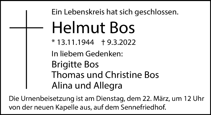  Traueranzeige für Helmut Bos vom 19.03.2022 aus Neue Westfälische