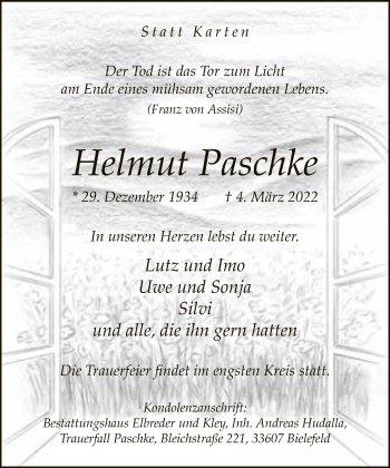 Traueranzeige von Helmut Paschke von Neue Westfälische