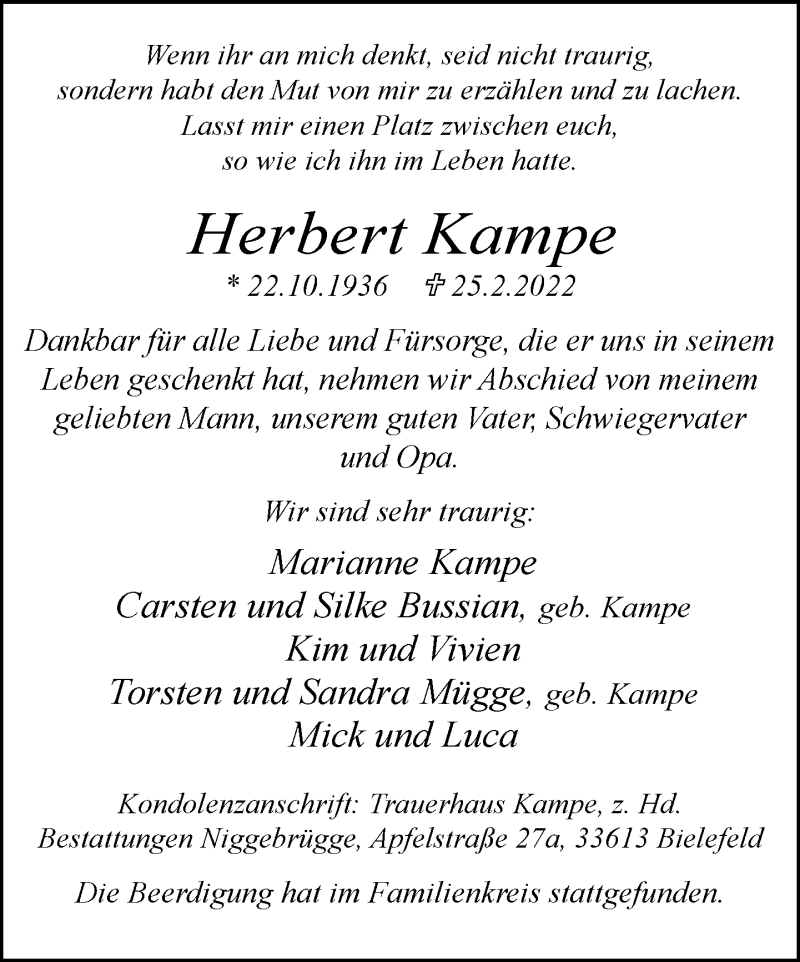  Traueranzeige für Herbert Kampe vom 05.03.2022 aus Neue Westfälische