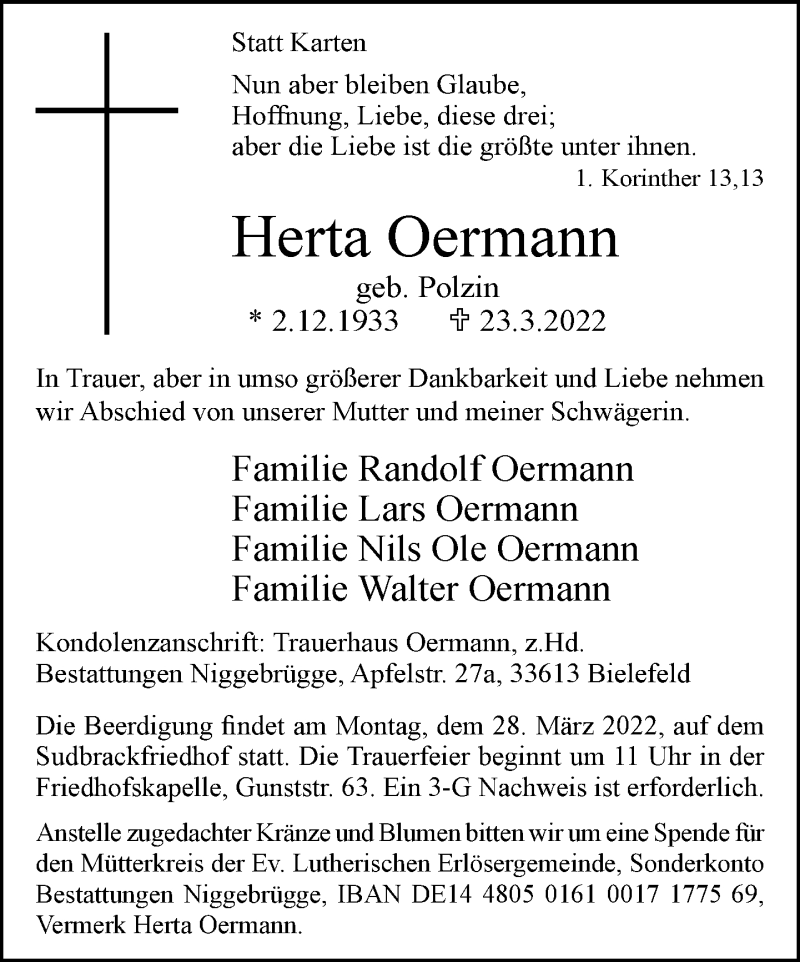  Traueranzeige für Herta Oermann vom 24.03.2022 aus Neue Westfälische
