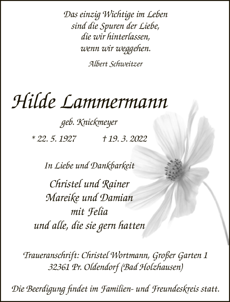  Traueranzeige für Hilde Lammermann vom 22.03.2022 aus Neue Westfälische