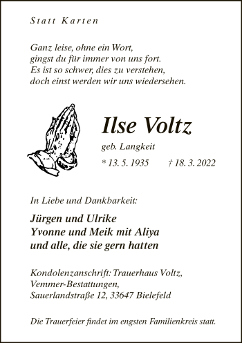Traueranzeige von Ilse Voltz von Neue Westfälische