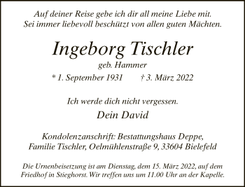 Traueranzeige von Ingeborg Tischler von Neue Westfälische