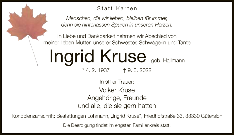  Traueranzeige für Ingrid Kruse vom 26.03.2022 aus Neue Westfälische