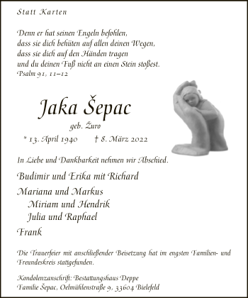 Traueranzeige von Jaka Sepac von Neue Westfälische