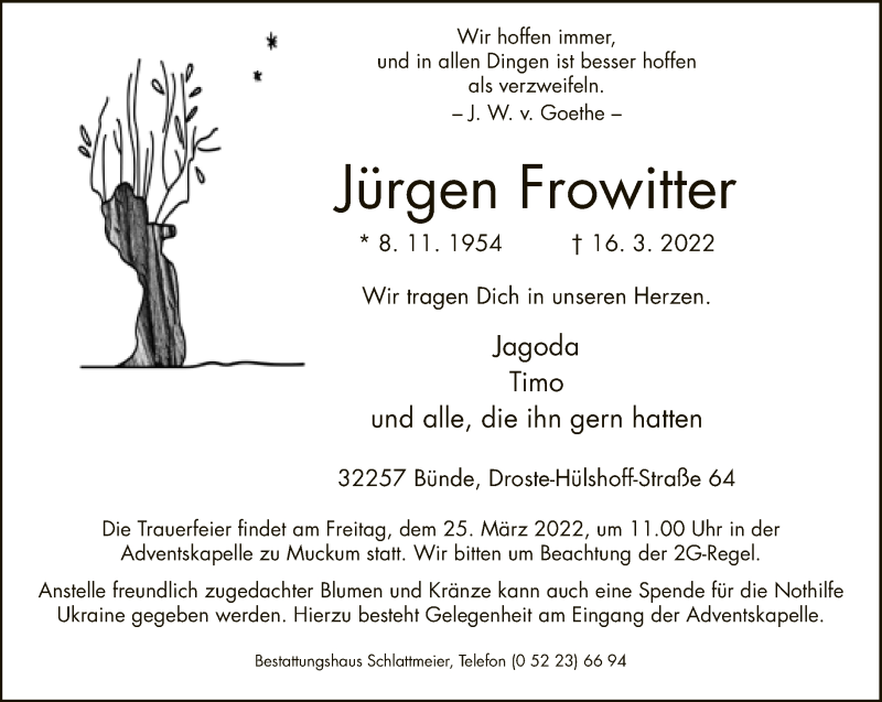  Traueranzeige für Jürgen Frowitter vom 19.03.2022 aus Neue Westfälische