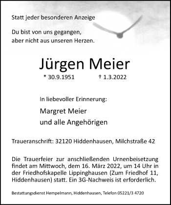 Traueranzeige von Jürgen Meier von Neue Westfälische