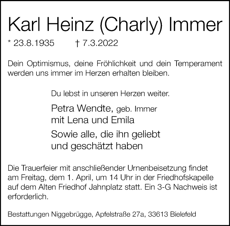  Traueranzeige für Karl Heinz Immer vom 26.03.2022 aus Neue Westfälische