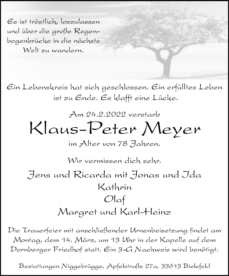  Traueranzeige für Klaus-Peter Meyer vom 09.03.2022 aus Neue Westfälische