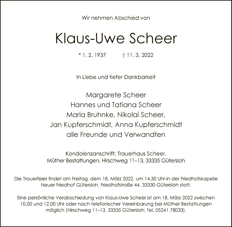  Traueranzeige für Klaus-Uwe Scheer vom 16.03.2022 aus Neue Westfälische