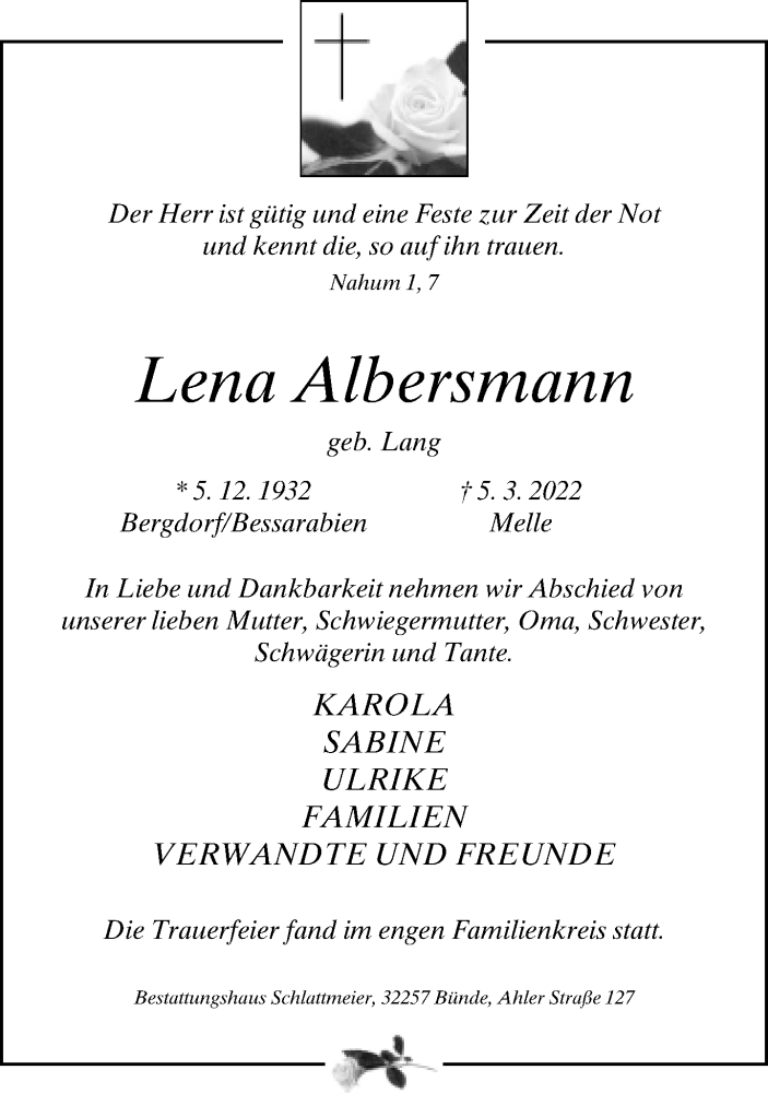  Traueranzeige für Lena Albersmann vom 19.03.2022 aus Neue Westfälische
