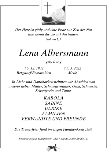 Traueranzeige von Lena Albersmann von Neue Westfälische