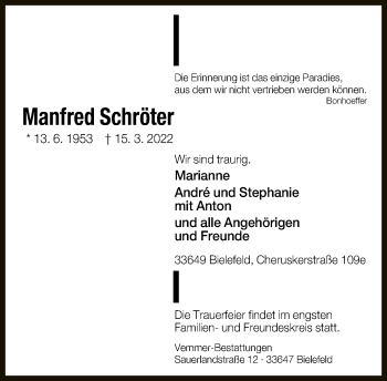 Traueranzeige von Manfred Schröter von Neue Westfälische