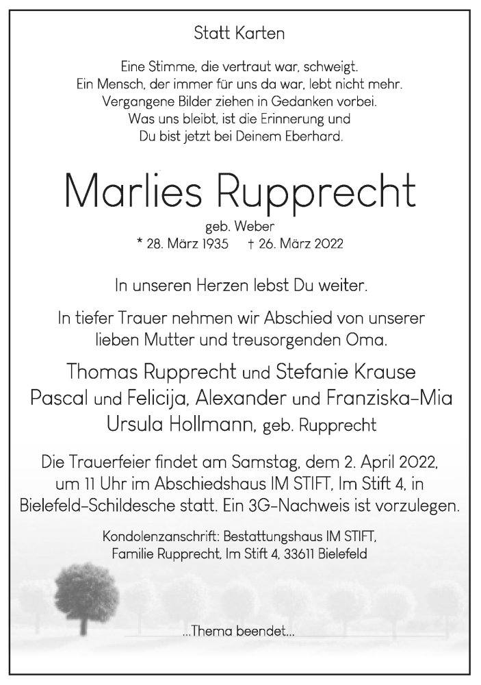  Traueranzeige für Marlies Rupprecht vom 30.03.2022 aus Neue Westfälische
