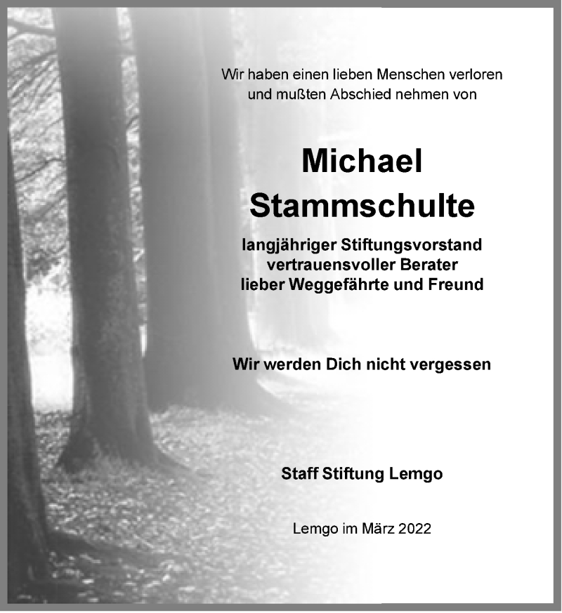  Traueranzeige für Michael Stammschulte vom 12.03.2022 aus Neue Westfälische