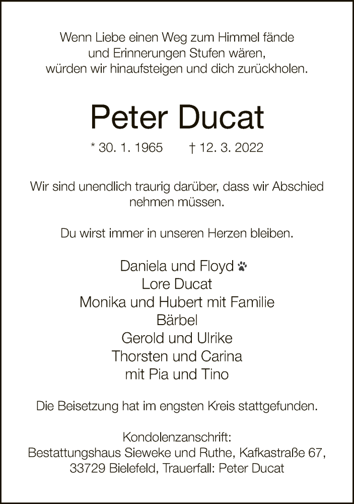  Traueranzeige für Peter Ducat vom 26.03.2022 aus Neue Westfälische