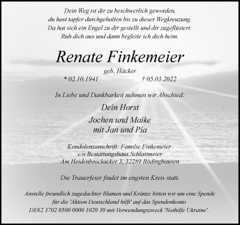 Traueranzeige von Renate Finkemeier von Neue Westfälische