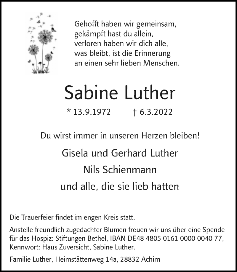  Traueranzeige für Sabine Luther vom 15.03.2022 aus Neue Westfälische