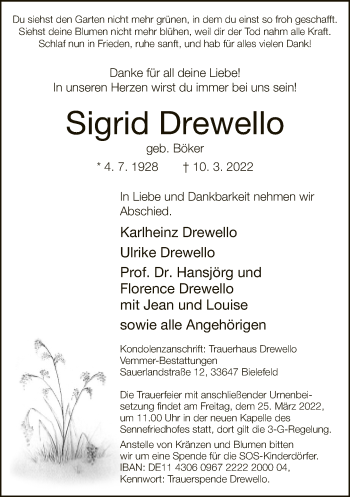 Traueranzeige von Sigrid Drewello von Neue Westfälische