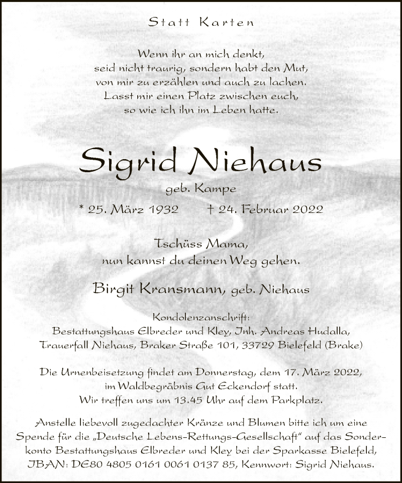  Traueranzeige für Sigrid Niehaus vom 05.03.2022 aus Neue Westfälische