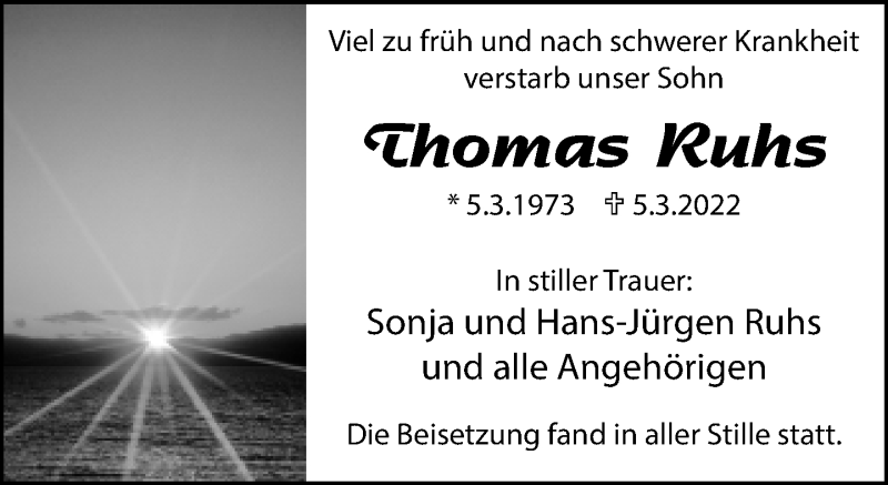  Traueranzeige für Thomas Ruhs vom 19.03.2022 aus Neue Westfälische