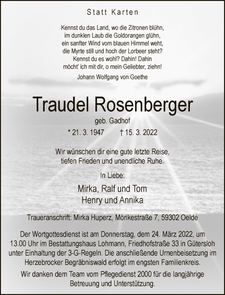  Traueranzeige für Traudel Rosenberger vom 19.03.2022 aus Neue Westfälische