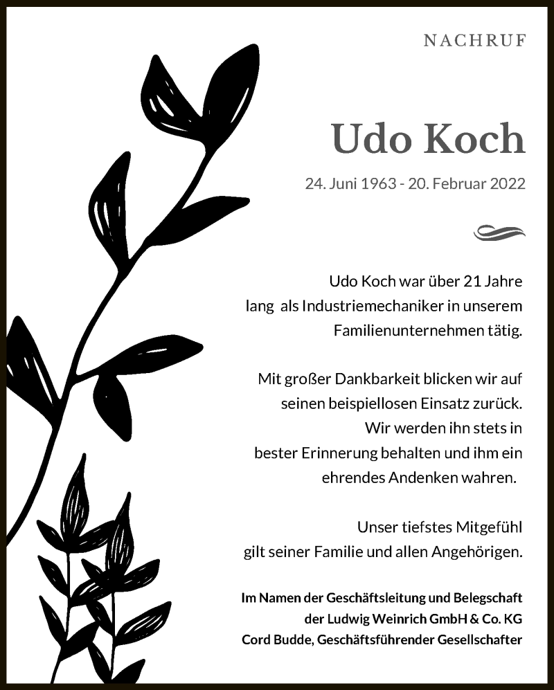  Traueranzeige für Udo Koch vom 05.03.2022 aus Neue Westfälische